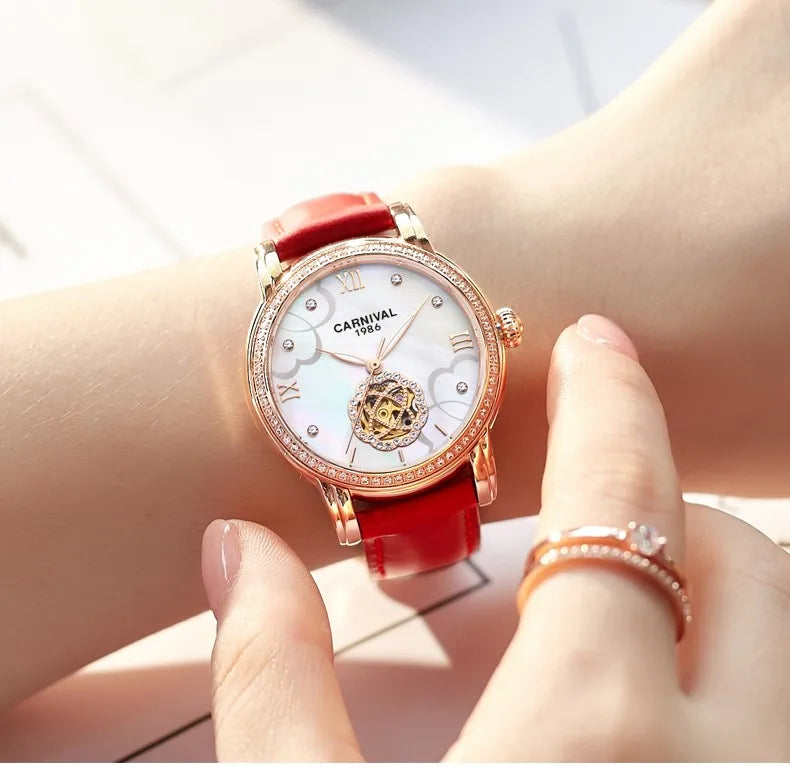 CARNIVAL Fashion Tourbillon Watches for Woman Luxury Diamond Automatic Watch Waterproof Leather Sapphire Mechanical Wristwatches