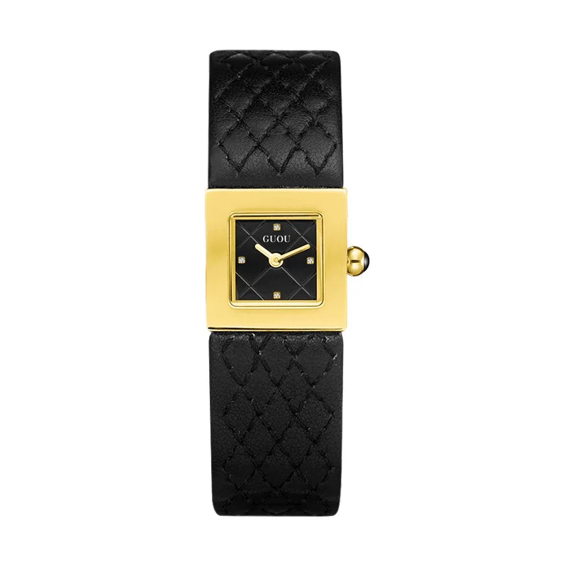 Guou Women Quartz Watch Luxury Clock Fashion Vintage Orologio Retro Classic Black Gold Square Reloj Ladies Leather Wrist Watches