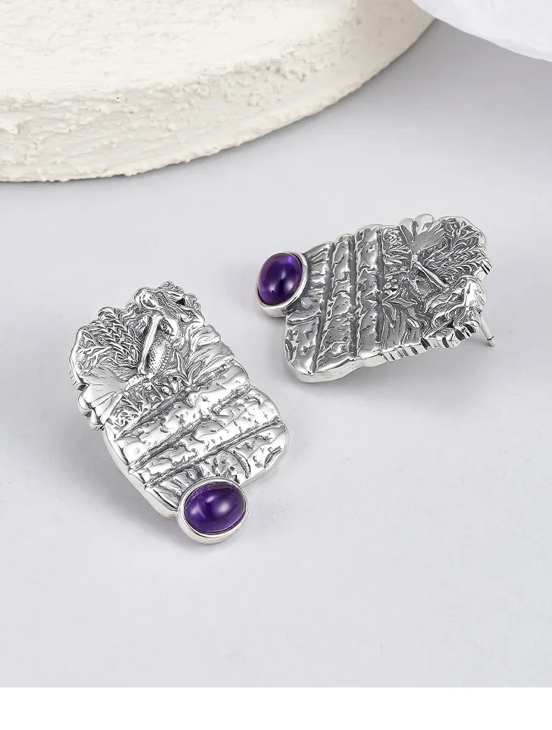 S925 Sterling Silver Stud Earrings for Women Mermaid Retro Texture Geometric Pattern Inlaid Amethyst Ear Stud Jewelry Wholesale