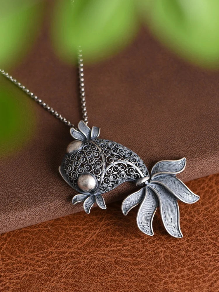 New S925 Silver Retro Vintage Hollowed Out Cute Goldfish Pendant For Ladies Fashionable Lucky Gift