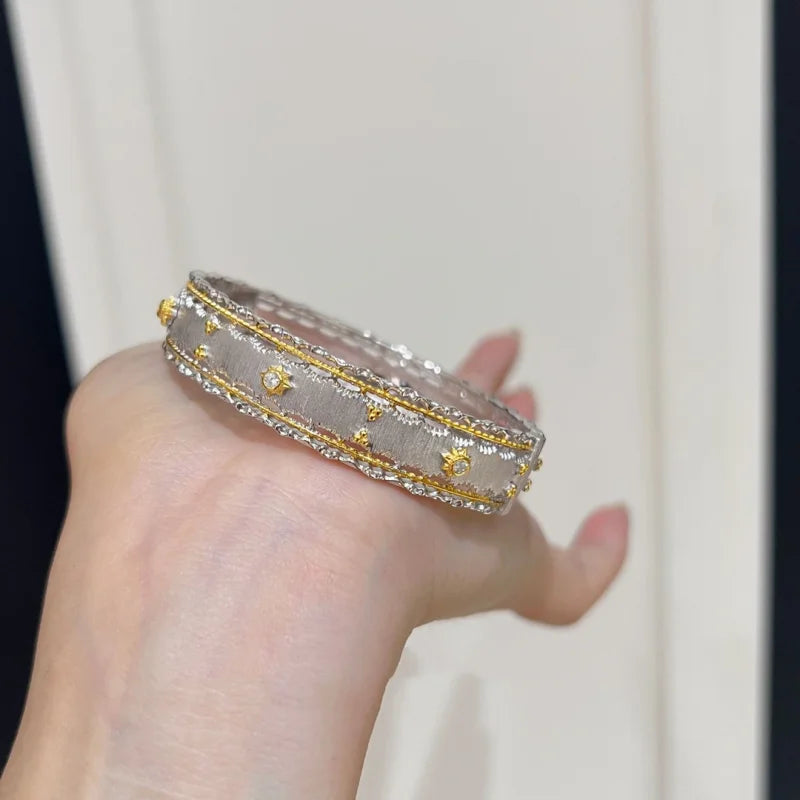 BELLUX 925 Silver Synthetic Zircon Bracelet Wide Edition Gold Sunflower Brushed Light Luxury Vintage Bangle