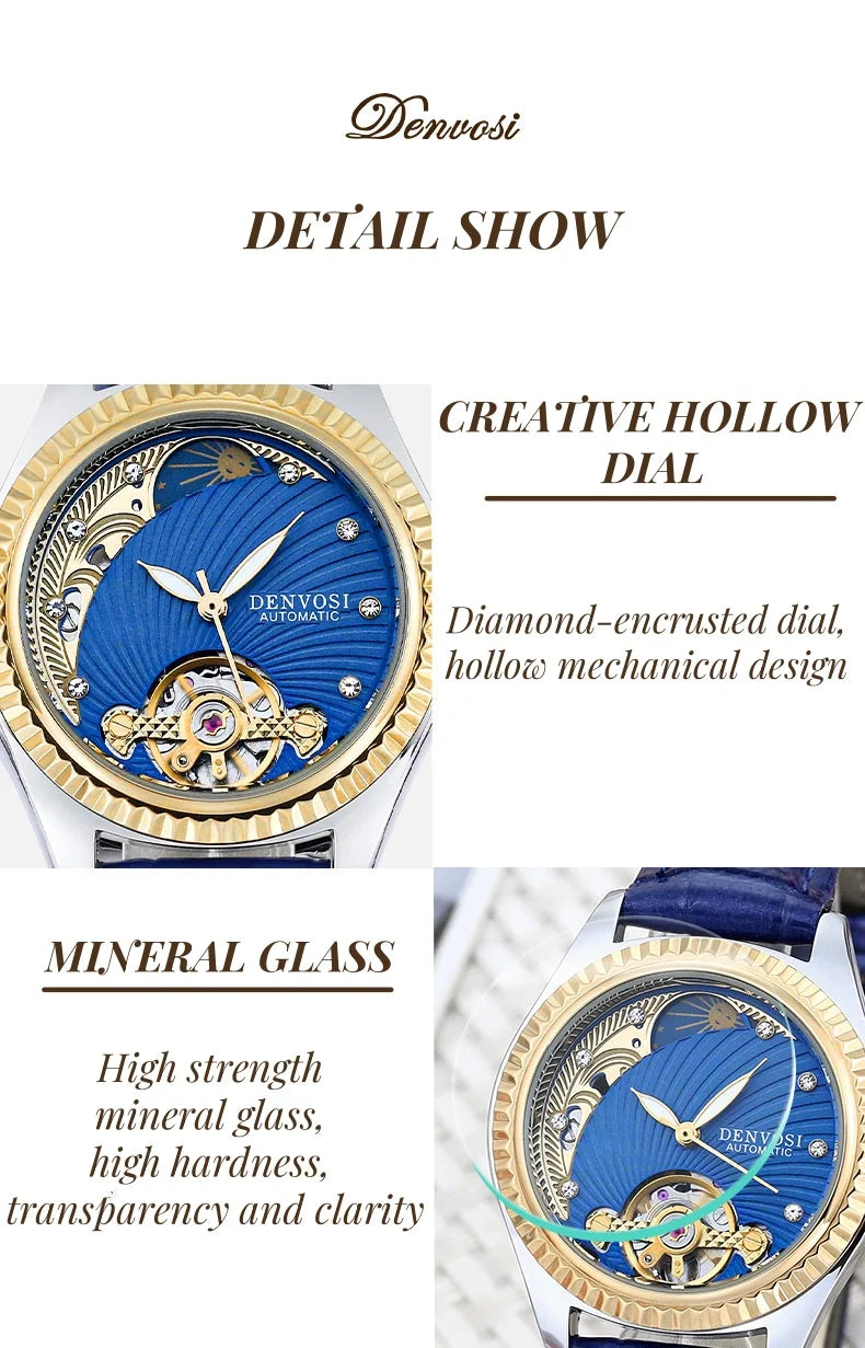 Ladies Flywheel double hollowed luxury fashion casual luminous leather watch with automatic mechanical waterproof wristwatch