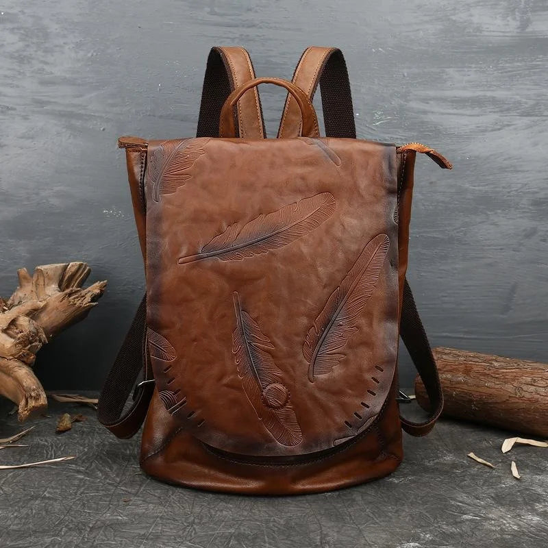 MOTAORA Luxury Genuine Leather Backpack for Women Vintage Embossed Cowhide Shoulder Bag Feather Design Leisure Purse Ladies