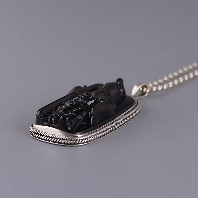 General Guan Gong Pendant Necklace Obsidian, S925 Silver Ethnic Vintage Inlaid Jewelry