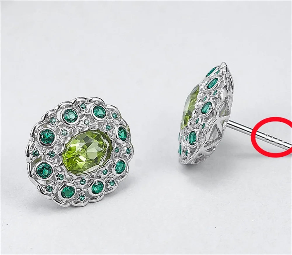 S925 Sterling Silver Studs Earring for Women Peridot Micro Inlay Zirconl Palace Style Ear Studs Fashion Jewelry Wholesale
