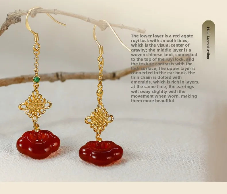 Red Agate Silver Plated Small Flower Good Luck Longevity Lock Agate Earrings Vintage Style for Cheongsam Hanfu Retro Aesthetic
