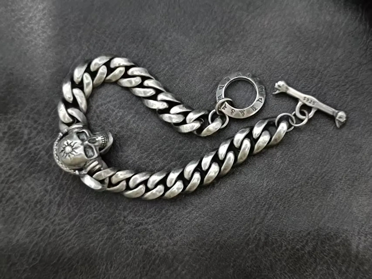 BOCAI Retro Style S925 Sterling Silver with Pattern Trendy Personalized Skull Bracelet for Men