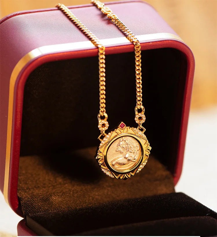 Retro Sterling Silver Necklace For Women's 925 Silver Electroplated 18K Gold Lion Red Treasure Ancient Coin Necklace