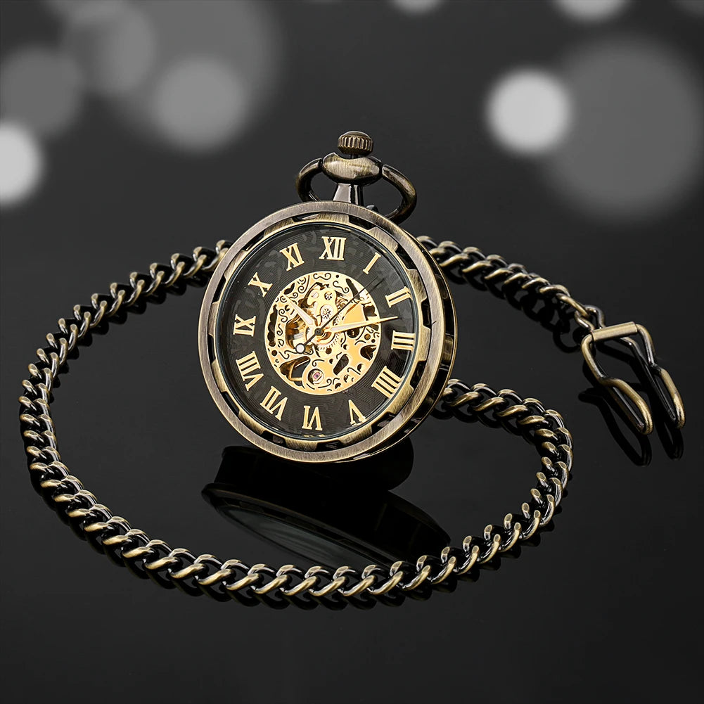 Open Face Roman Numerals Display Mechanical Hand Winding Pocket Watch Elegant Fashion Antique Manual Pocket Clock Gift for Male