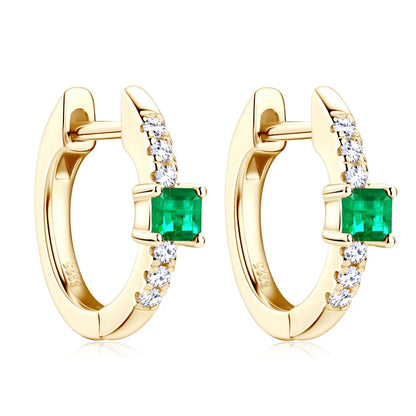 925 Sterling Silver Plated 14K Gold Ladies Hoop Earring 3x3mm Square Artificial Emerald Vintage Earrings for Women Jewelry Gift