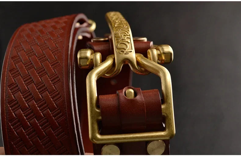 Cavalry genuine copper buckle belt, hand strap Cavalry men's casual pants belt 100% cowhide genuine leather men's denim belt