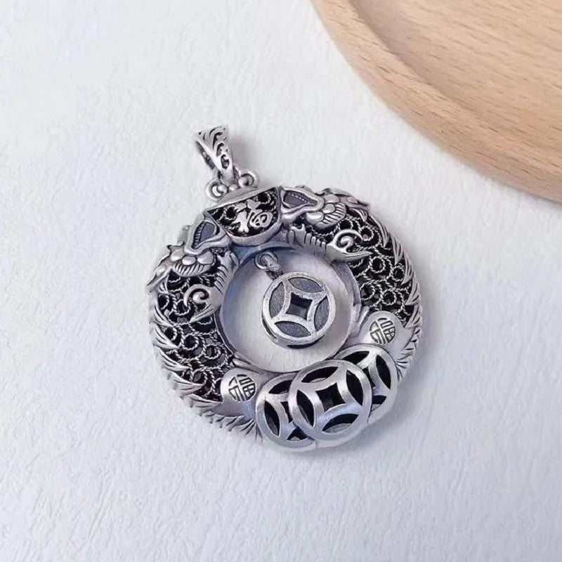 Real S999 Sterling Silver Retro Lucky Double Dragons Pendant For Men Women Chinese Style Fortune Dragon Round Chain Pendant