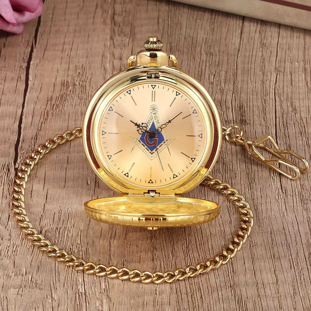 Steampunk Bronze/Gold Freemason Symbol Quartz Pocket Watch Fob Chain Pendant Clock High Grade Antique Pocket Timepiece Gifts