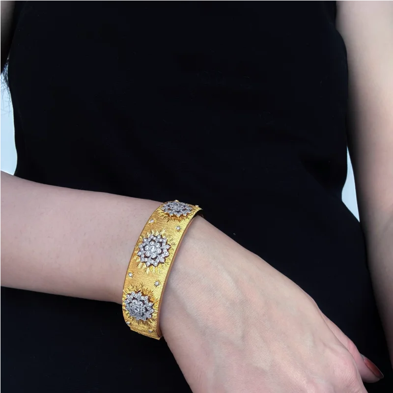 BELLUX S925 Silver Plated K Gold Vintage Texture-Engraved Gold Hollow Wide Fine Jewelry Open Bracelet