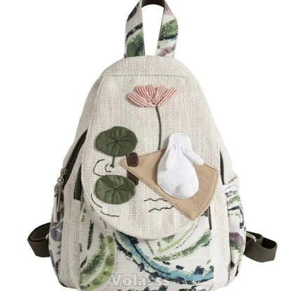 MOTAORA Casual Canvas Backpack Women's Lightweight Travel Shoulder Bag Rabbit Pattern Multi Compartment Handbag Purse
