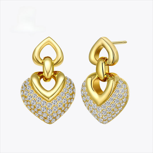 Vintage Heart 18k Yellow Gold Plated Diamond Earrings Silver 925 Jewelry Accessories