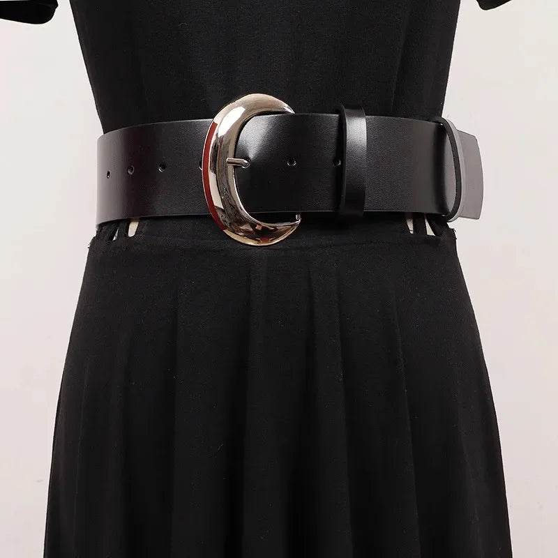 Women's Runway Fashion Black Metal Buckle Genuine Leather cummerbunds Female Dress Corsets Waistband Belts Decoration Wide Belt