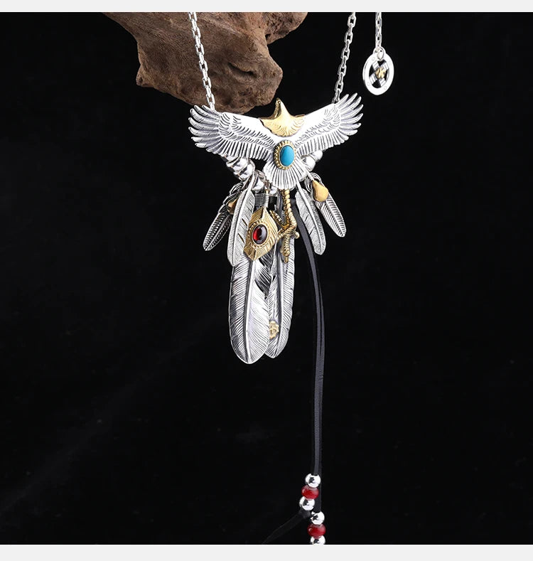 S925 Silver Bridge Feather Eagle Indian Trendy Necklace Female Sweater Chain Hip Hop Men's Pendant