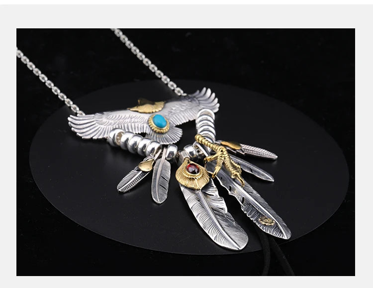 S925 Silver Bridge Feather Eagle Indian Trendy Necklace Female Sweater Chain Hip Hop Men's Pendant