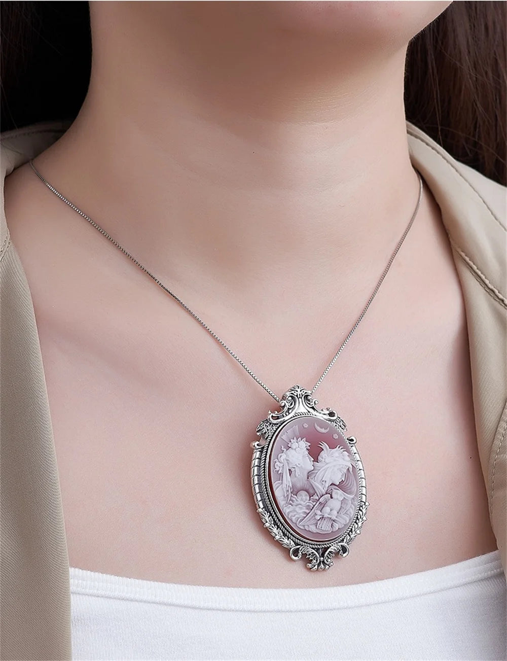 S925 Sterling Silver Charms Pendant for Women Palace Style Pattern Inlaid Red Agate Goddess Head Sculpture Jewelry Wholesale