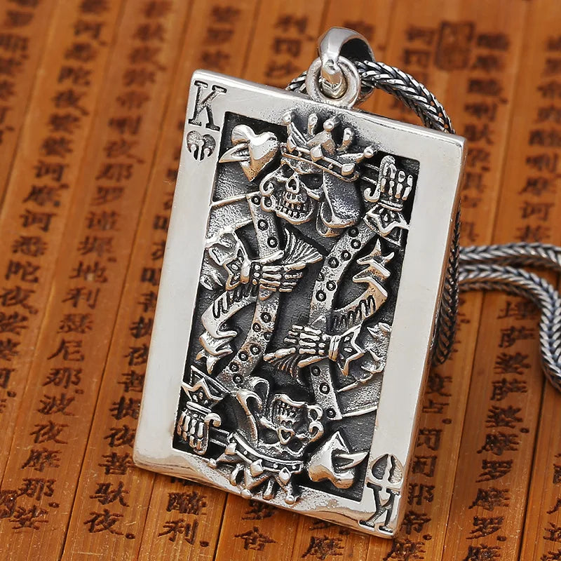 S925 sterling silver trendy retro creative personality poker card K pendant men's Thai silver punk style skull pendant