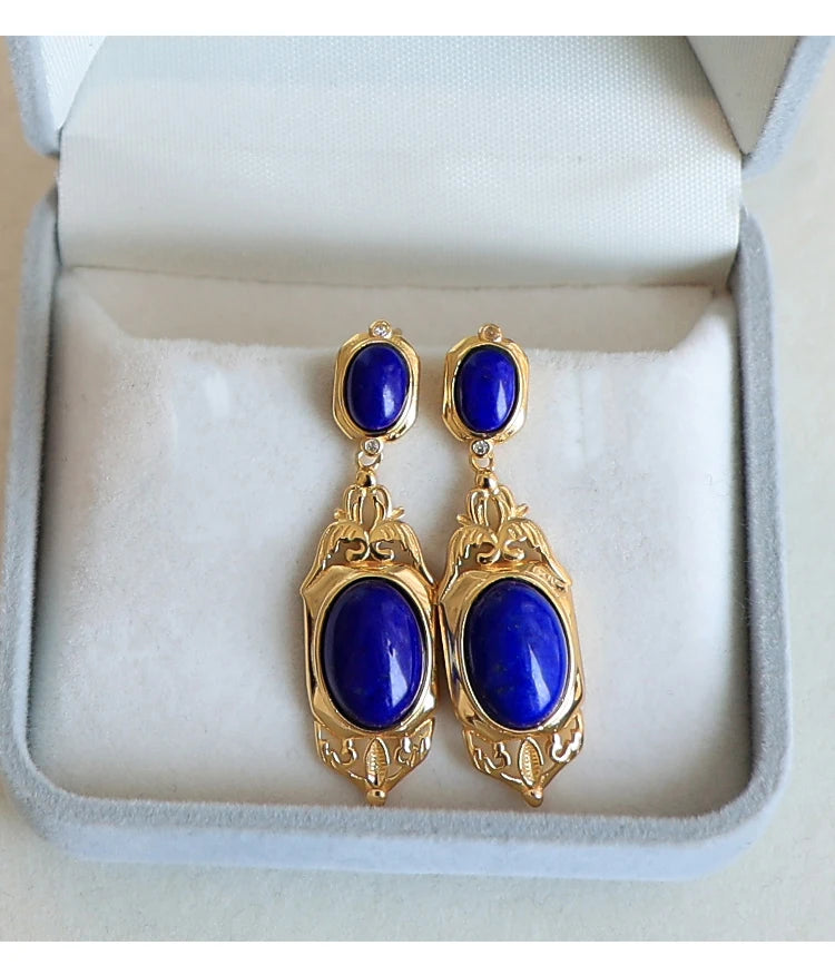 Natural Lapis Lazuli Earrings S925 Sterling Silver Gold-plated Retro French High-end Niche Blue Classical Earrings