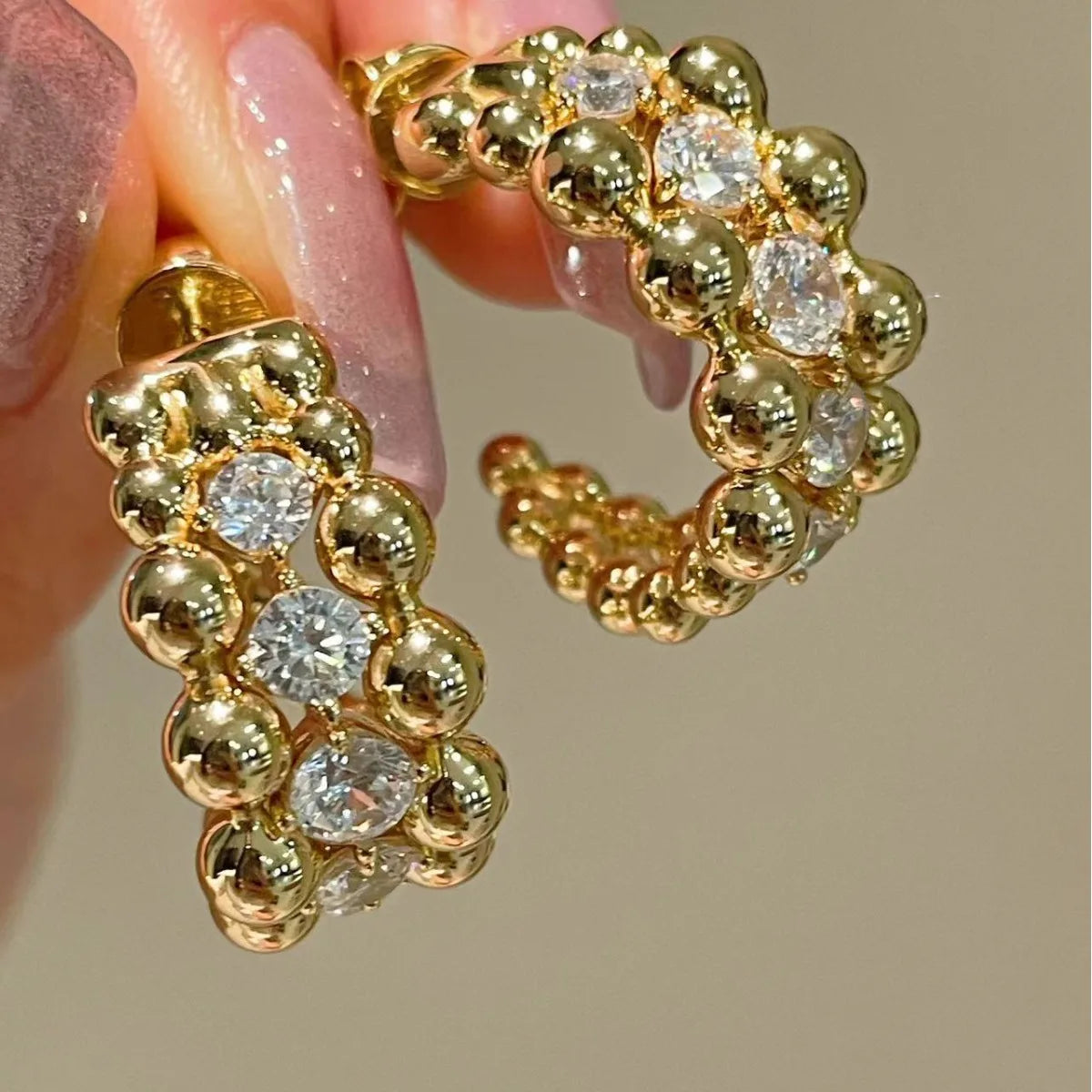 BELLUX 925 Silver Gold Plated Synthetic CZ Italian Style Vintage White Diamond Bead Earrings