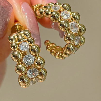 BELLUX 925 Silver Gold Plated Synthetic CZ Italian Style Vintage White Diamond Bead Earrings