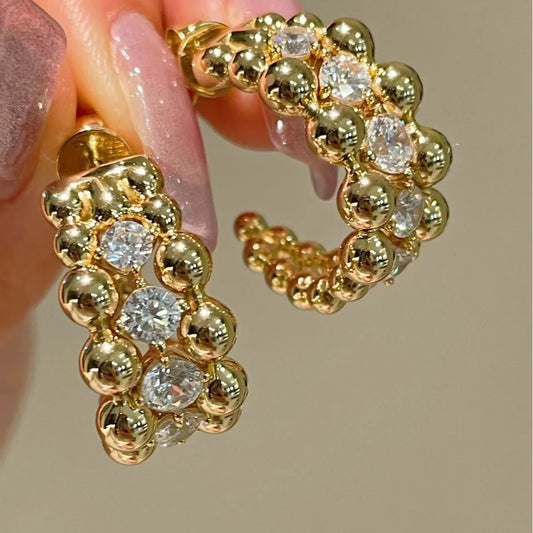 BELLUX 925 Silver Gold Plated Synthetic CZ Italian Style Vintage White Diamond Bead Earrings