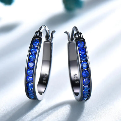 Vintage Non Tarnish Womens 925 Silver Earring Black Blue Zircon Hoops Earrings