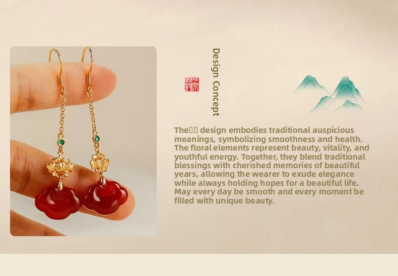 Red Agate Silver Plated Small Flower Good Luck Longevity Lock Agate Earrings Vintage Style for Cheongsam Hanfu Retro Aesthetic