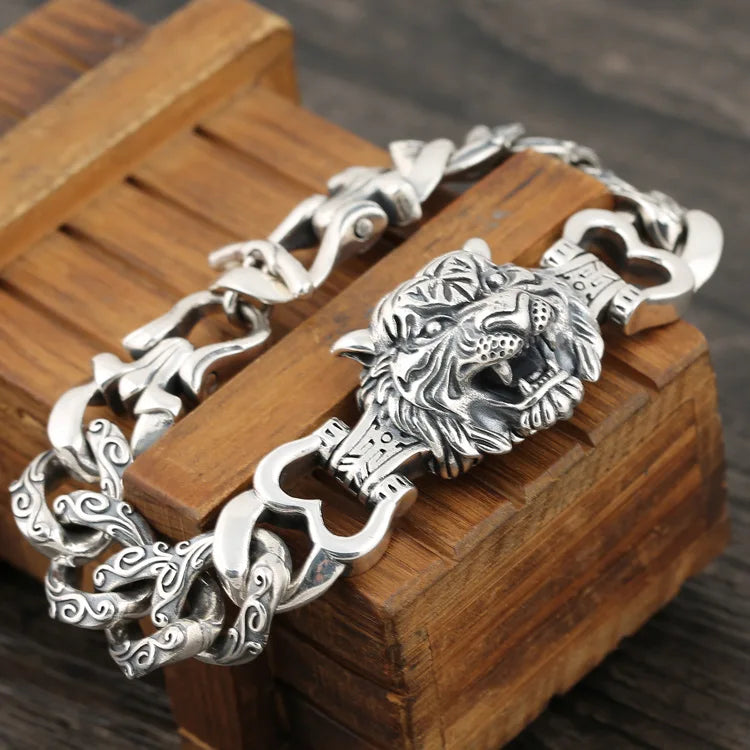 Ethnic style punk 925 sterling silver men's domineering tiger head bracelet wide face personalized trendy vine pattern vintage b