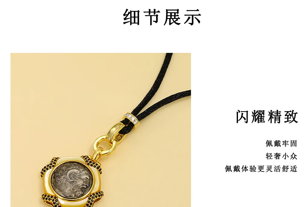 s925Silver Plated Ancient Greek Horn Emperor Ancient Coin Necklace Pendant Replica God King Zeus Heavy Craft Inlaid Mother-of-Pe
