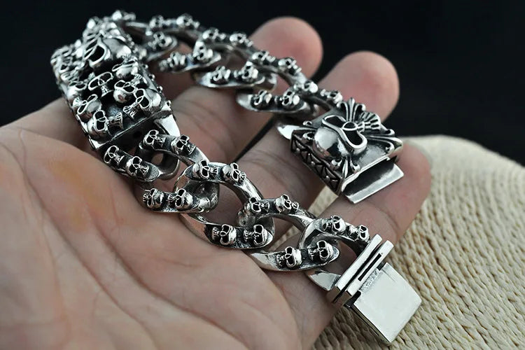 Unibabe Pure Silver Sterling 925 Silver Vintage Skull Carved Chain & Link Lock S925 Bracelet