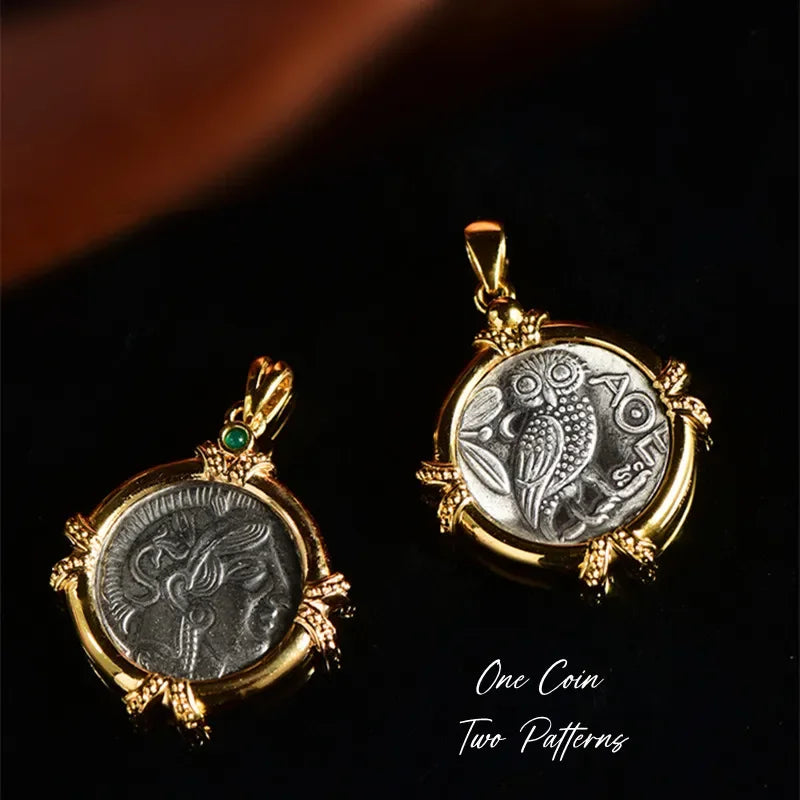 TIYINUO Authentic AU750 Real 18K Real Gold Ancient Coin Athena Owl Pendant Twisted Rope Necklace Delicate Gift For Woman Jewelry