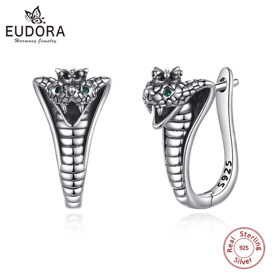 Eudora Real 925 Sterling Silver Snake Circle Earrings Round Small Hoop Retro Textures Snake Earrings For Women Man Fine Jewelry