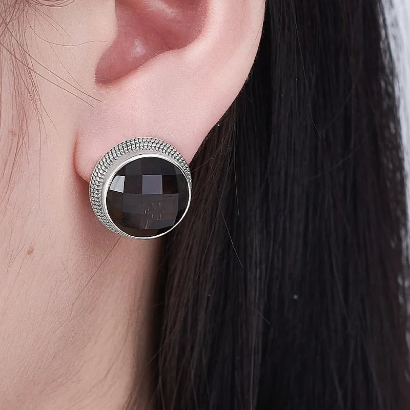 S925 Sterling Silver Studs Earring for Women Retro Edging Tangent Plane Smoky Quartz Ear Studs Fashion Classic Jewelry Wholesale