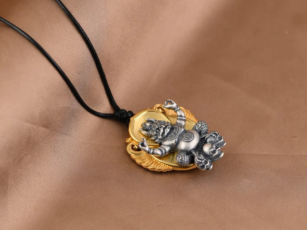 S925 Silver Pendant Necklace, Vintage Gold Flame Skull Men's Garuda Bird Chain, Gothic Statement Jewelry Gift for Men