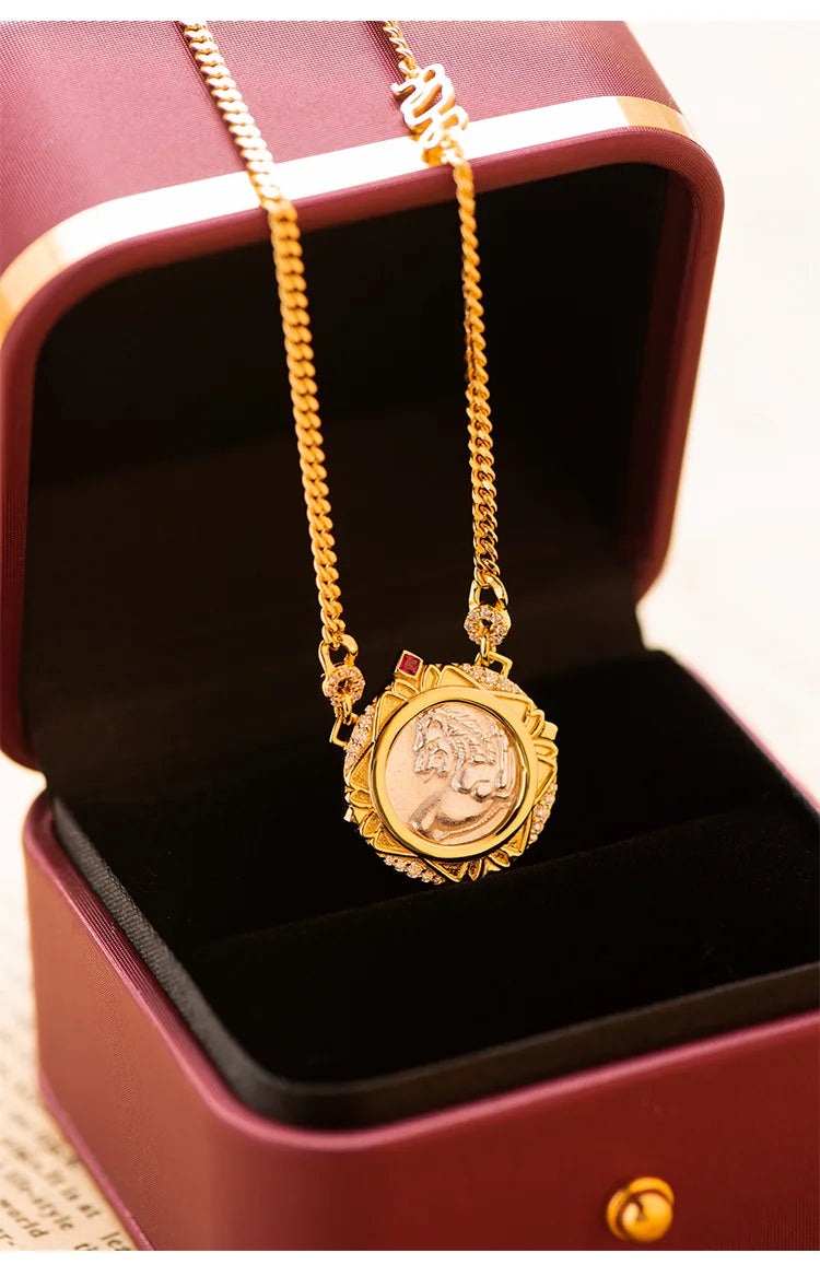 Retro Sterling Silver Necklace For Women's 925 Silver Electroplated 18K Gold Lion Red Treasure Ancient Coin Necklace
