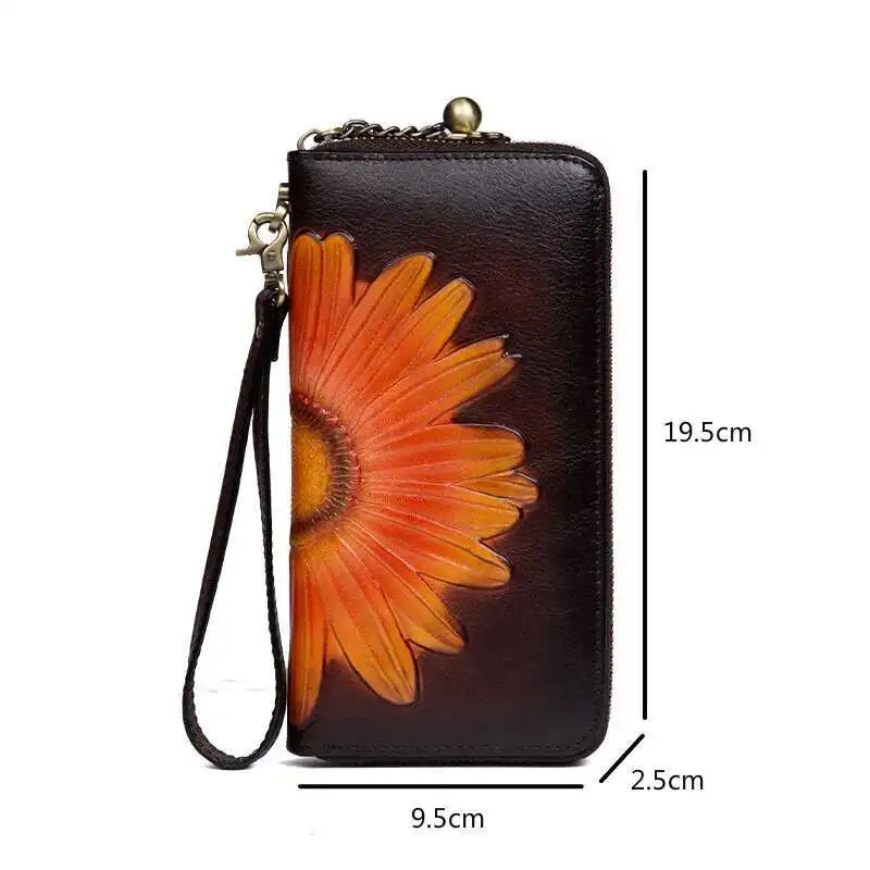 MOTAORA Women's Leather Wallet Handmade Cowhide Clutch Purse Long Zipper Card Holder Retro Painting First Layer Genuine bag
