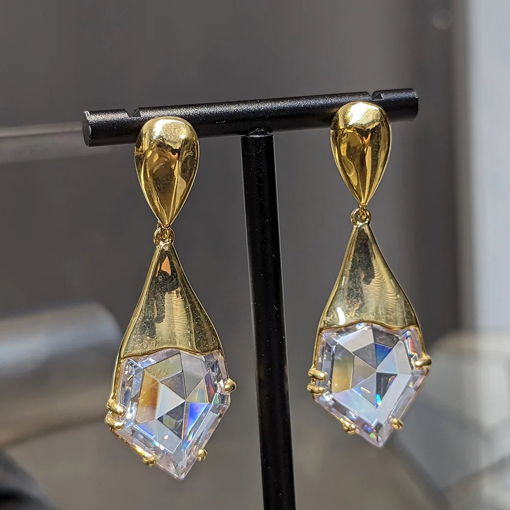 European and American vintage metal fashion French women multi-faceted cut zircon heavy texture gold and silver earrings