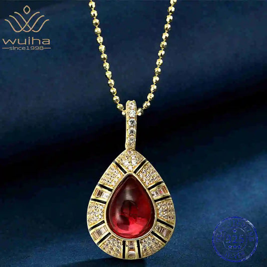 WUIHA Vintage 100% 925 Sterling Silver 9 * 12 MM Lab Sapphire High Carbon Diamonds Ruby Gemstone Pendant Necklace Fine Jewelry