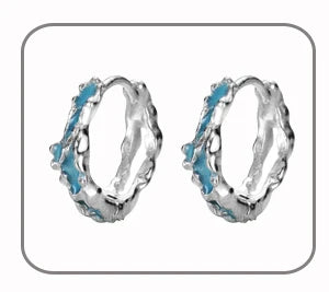 F.I.N.S S925 Sterling Silver Irregular Shaped Hoop Earrings Enamel Zircon Small Piercing Ear Buckles Retro Old Fine Jewelry