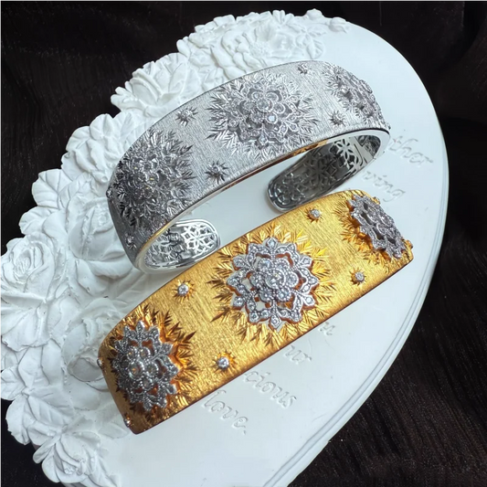 BELLUX S925 Silver Plated K Gold Vintage Texture-Engraved Gold Hollow Wide Fine Jewelry Open Bracelet