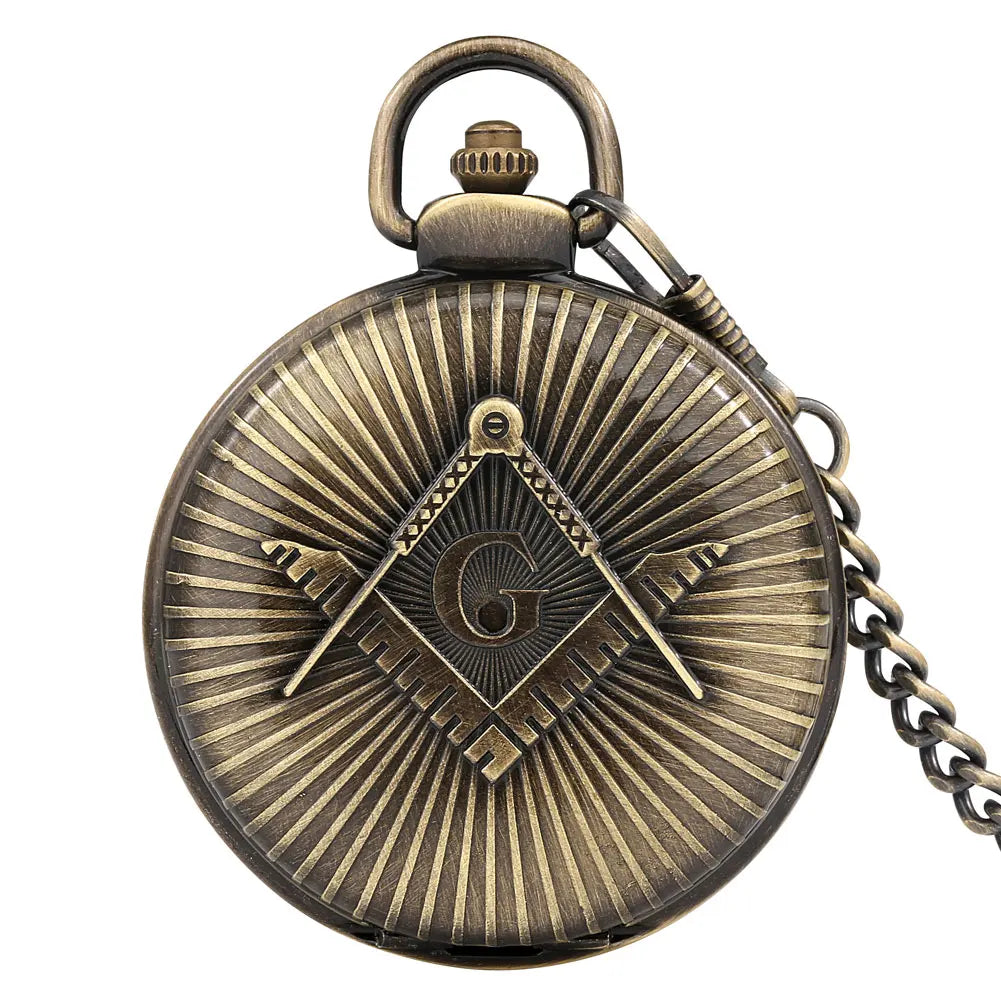 Steampunk Bronze/Gold Freemason Symbol Quartz Pocket Watch Fob Chain Pendant Clock High Grade Antique Pocket Timepiece Gifts