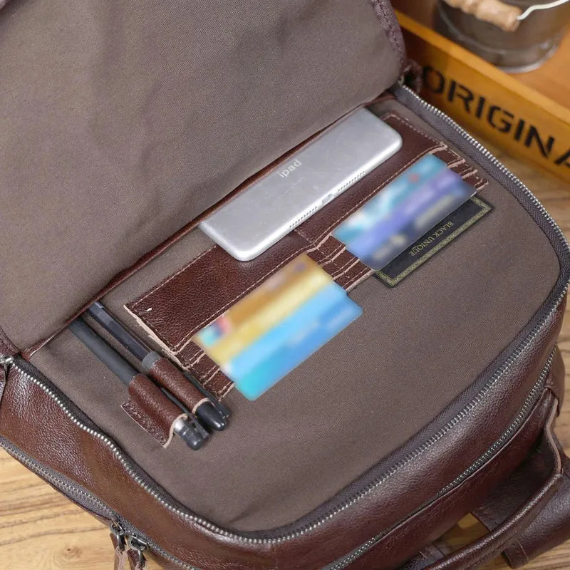 Men's Leather Backpack Laptop Travel Bag, Full-Grain Cowhide Large Capacity Workbag with YKK Zippers - Handcrafted Soft Touch