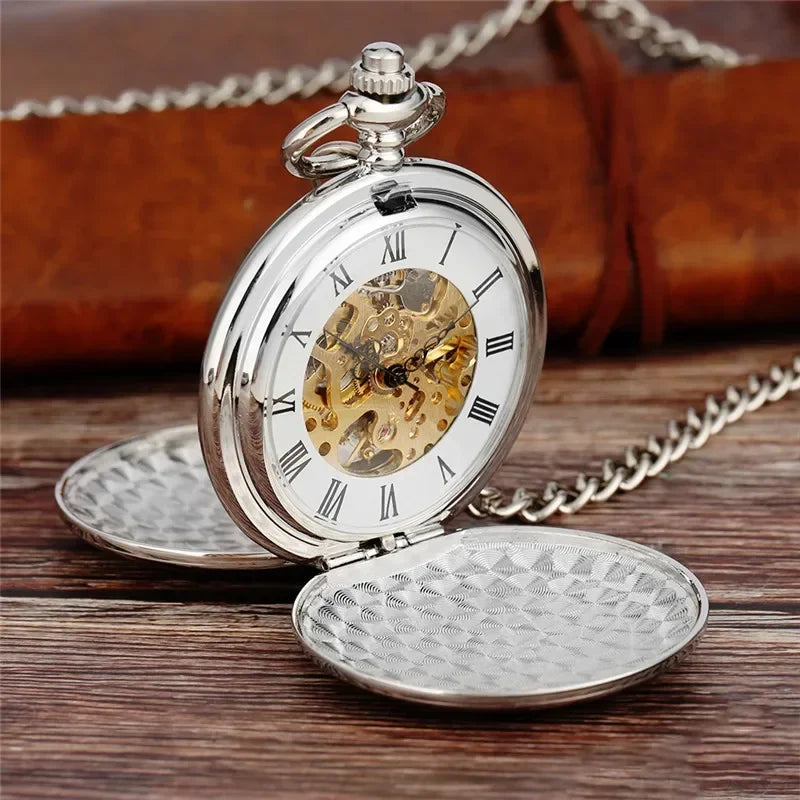 Retro Silver  Handwinding Skeleton Mechanical Pocket Watch Double Hunter Necklace Chain Clock Antique Reloj De Bolsillo