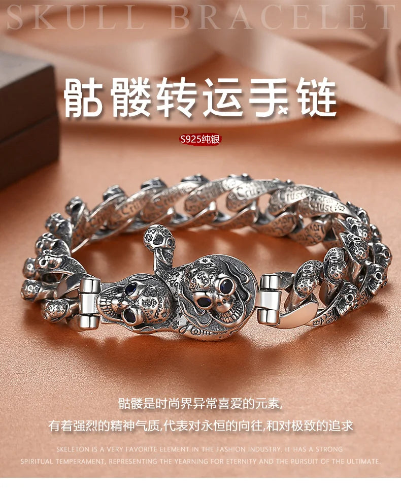 European and American S925 Sterling Silver Retro Skull Bracelet for Men, Trendy Hip-Hop Punk Bold Silver Bangle