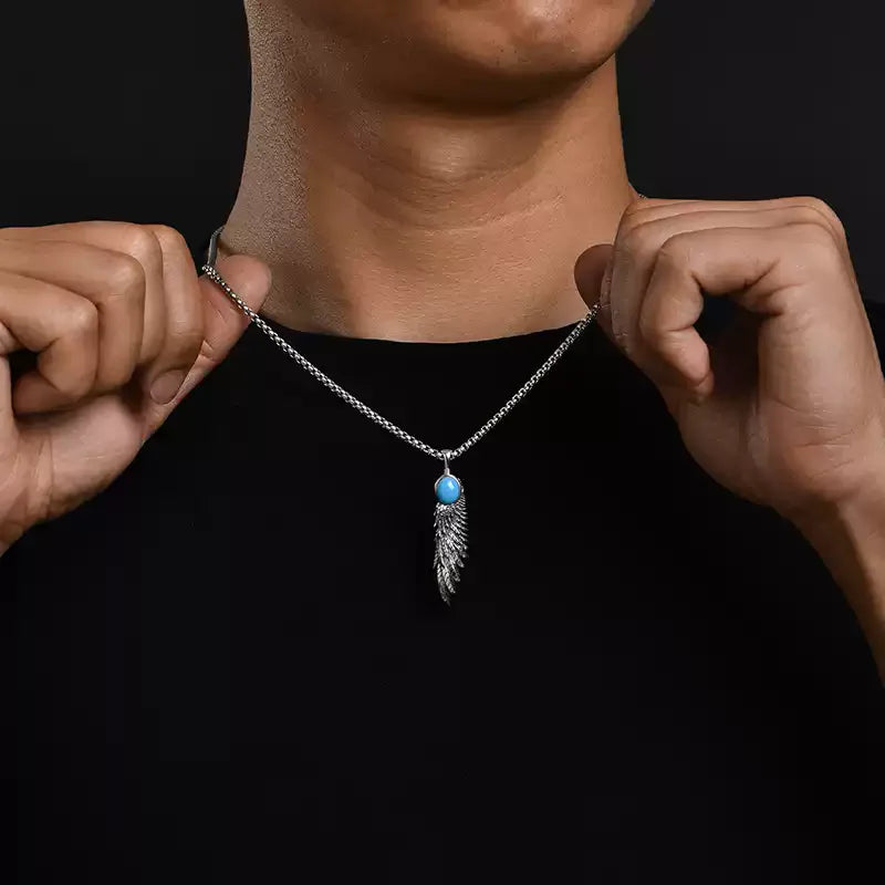 Necklace Pendant Pure 925 Sterling Silver Feather Blue Turquoise Luxury Brand Fine Jewelry Women Men 2024 New Christmas Gift P19