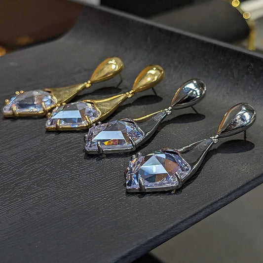 European and American vintage metal fashion French women multi-faceted cut zircon heavy texture gold and silver earrings